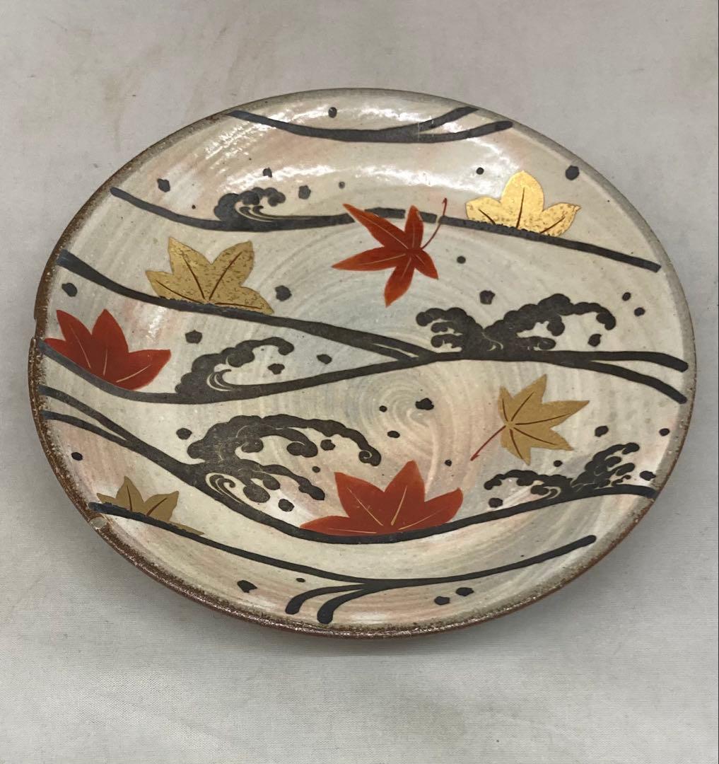 B409b 「乾山写 紅葉に流れ銘々皿」5枚　京焼　金彩銀彩　作者不詳　和菓子