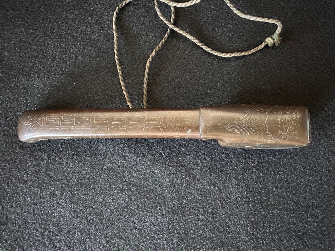 古銅 矢立 銀象嵌 牡丹図 書道具 筆入れ アンティーク 時代物 ⑦