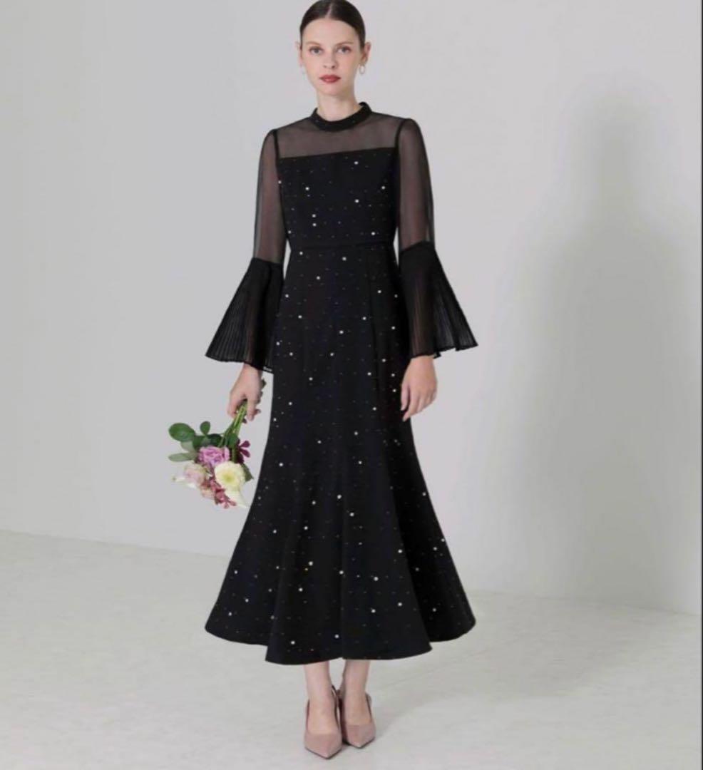 パールビジュー付透け感プリーツフレアスリーブビーズマーメイドシルエットワンピース