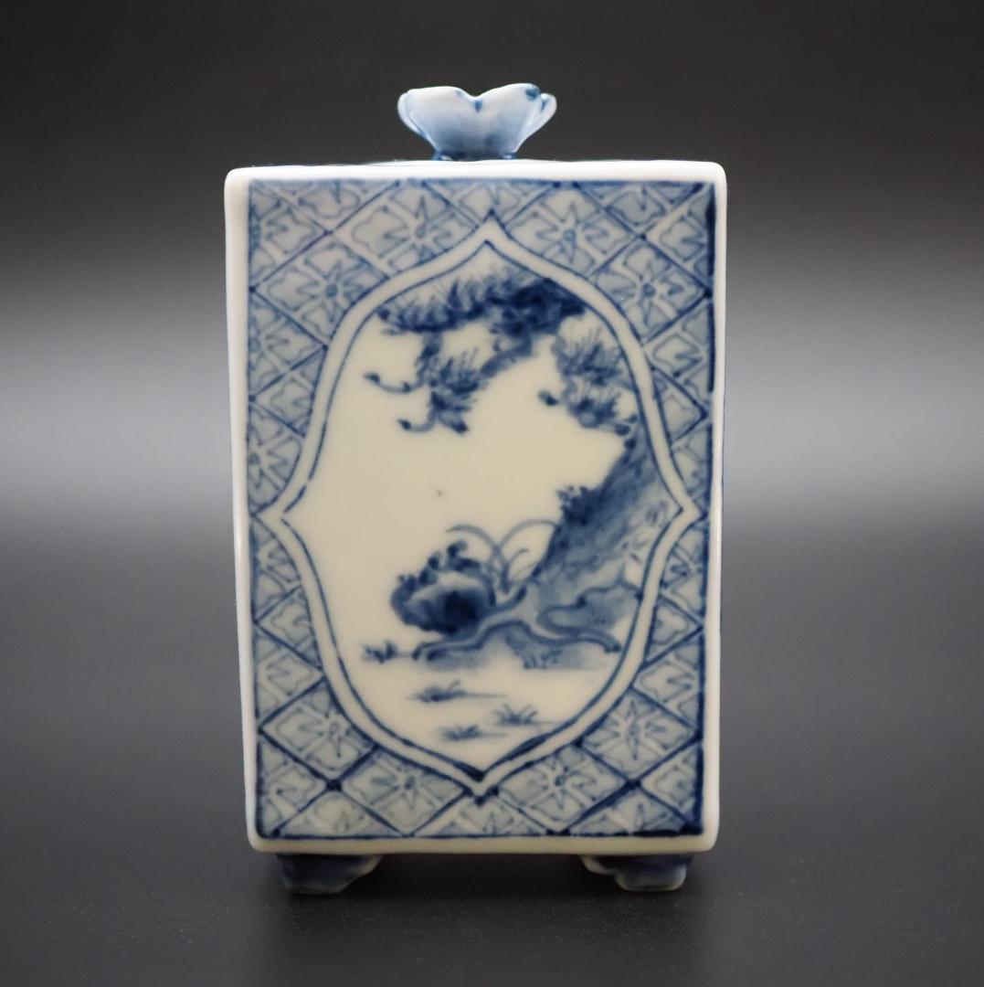 三浦竹泉 染付【松梅図】香炉 煎茶道具 合箱付