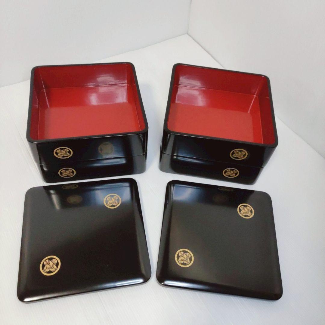 会津塗 3段重箱 丸に違い鷹の羽 家紋入 黒漆 木箱付年末年始の集まりに