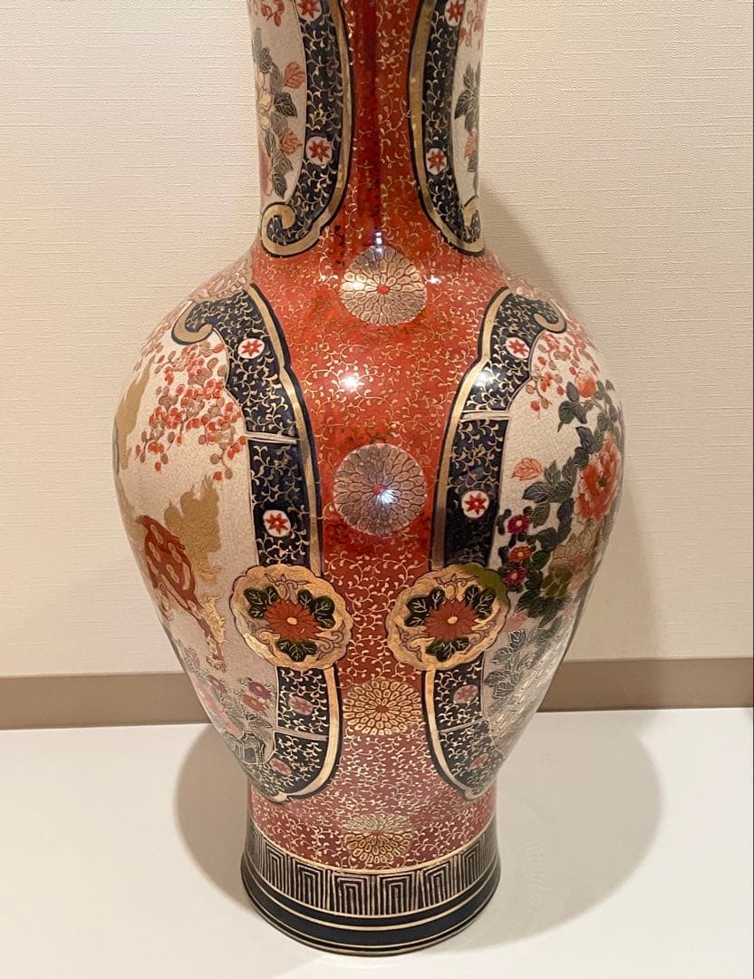 九谷焼 伊万里 陶月 梅牡丹孔雀獅子図金襴手 大花瓶 高さ約76cm