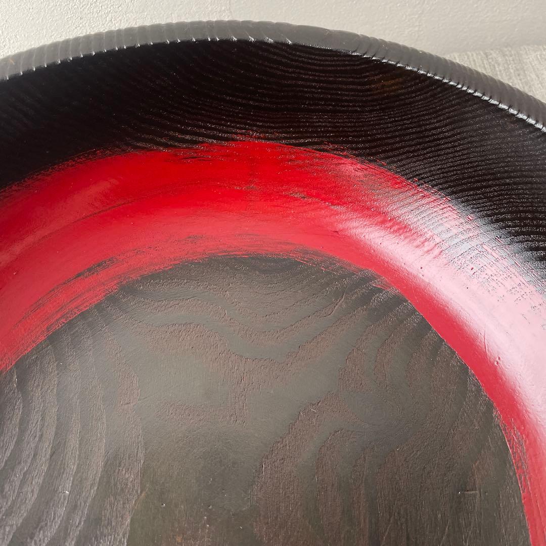 こね鉢　木製　無垢材　くり抜き　刷毛目　漆塗　松材？　大型ボウル　黒に赤丸