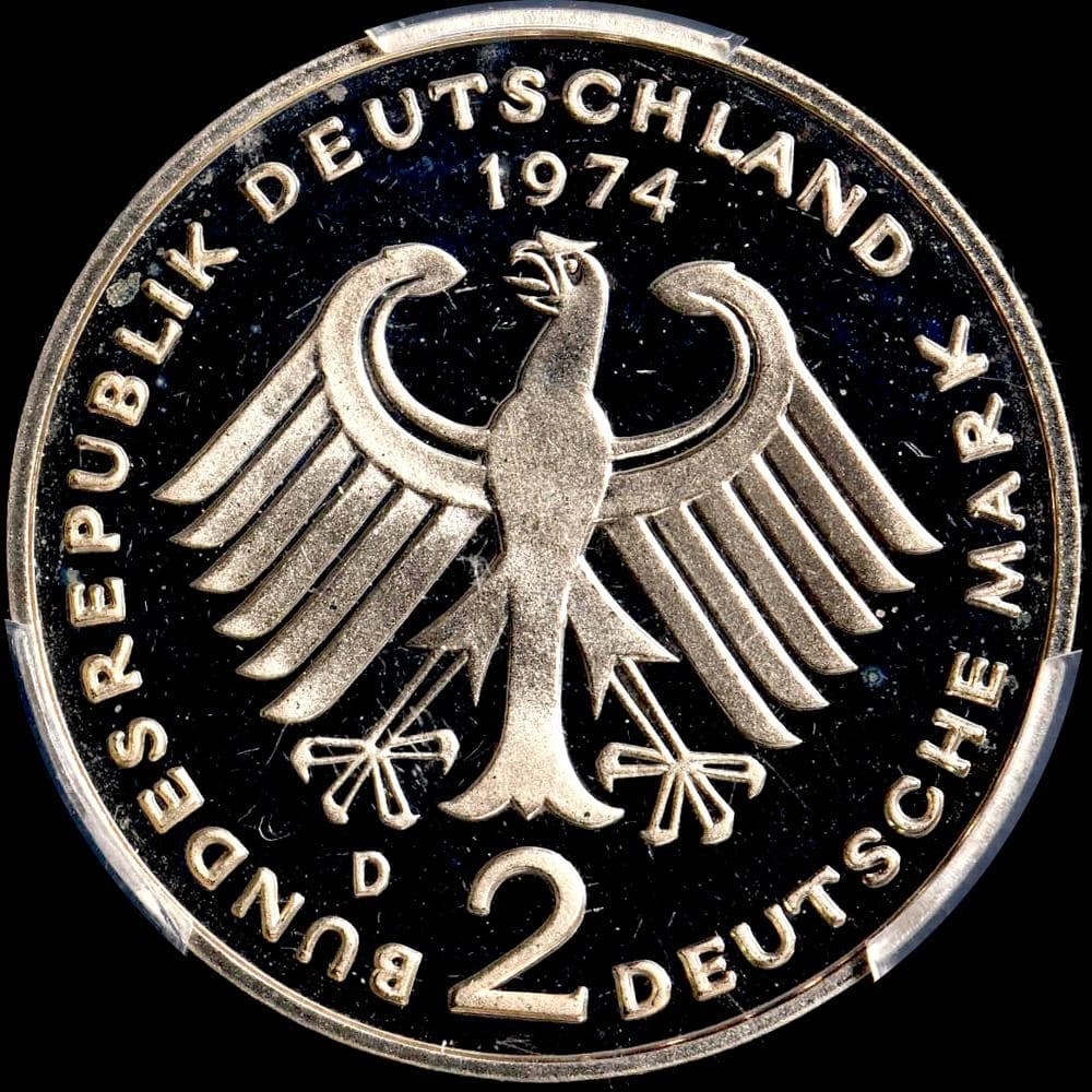 ⭐️【PCGS PR68DCAM 】1974-D ドイツ 2Mk銀貨 Heuss コレクション