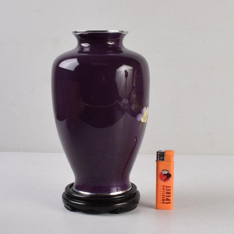 七宝焼　紫地梅文　花瓶　唐木台付　共箱　V　R9100