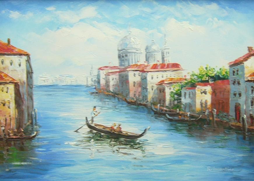 絵画 油絵 作者不詳 肉筆油絵 風景画 水辺の街 ベニス