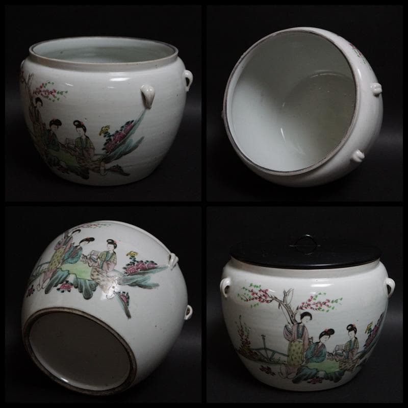 民国期 粉彩色絵『美人漢詩文』飾壺 水指 木製漆蓋付