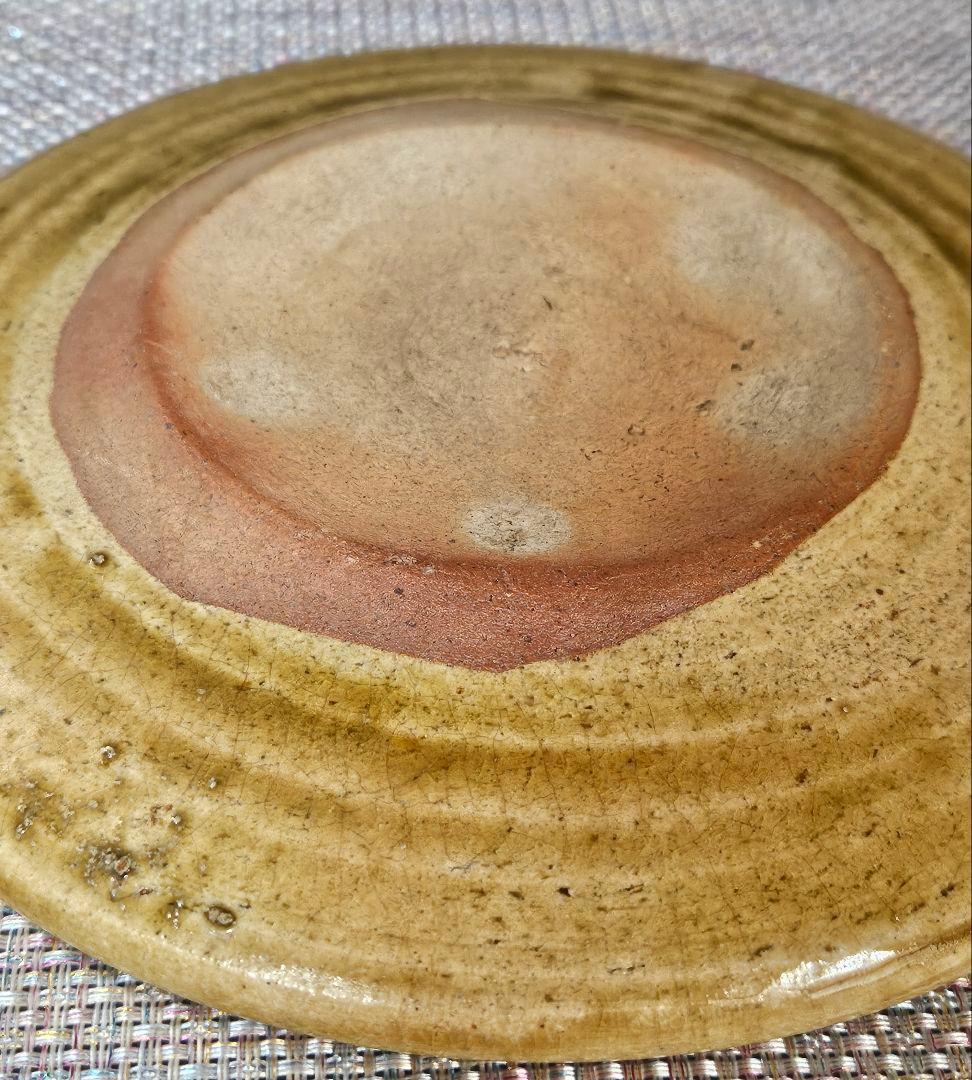 江戸時代後期～明治時代初期　黄瀬戸　織部　彫り絵付　すすきの図　行灯皿　灯り皿