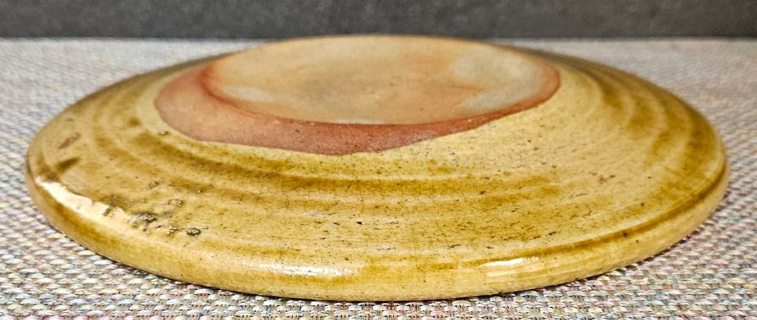 江戸時代後期～明治時代初期 黄瀬戸 織部 彫り絵付 すすきの図 行灯皿