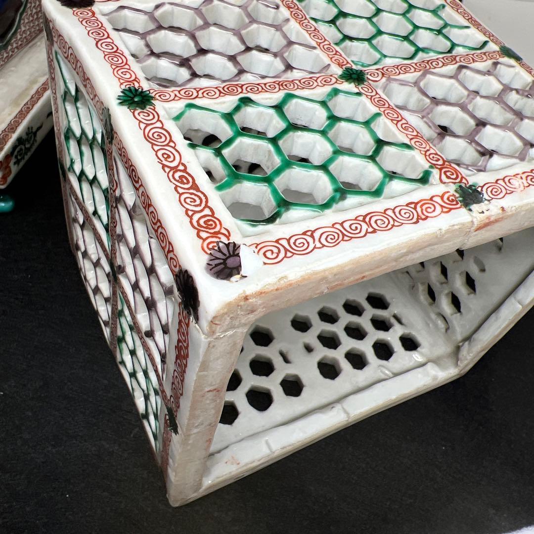 九谷焼虫籠透香炉　木箱付　約14.5×13×14㎝　東Y7-0507⭐︎2Fトコオ