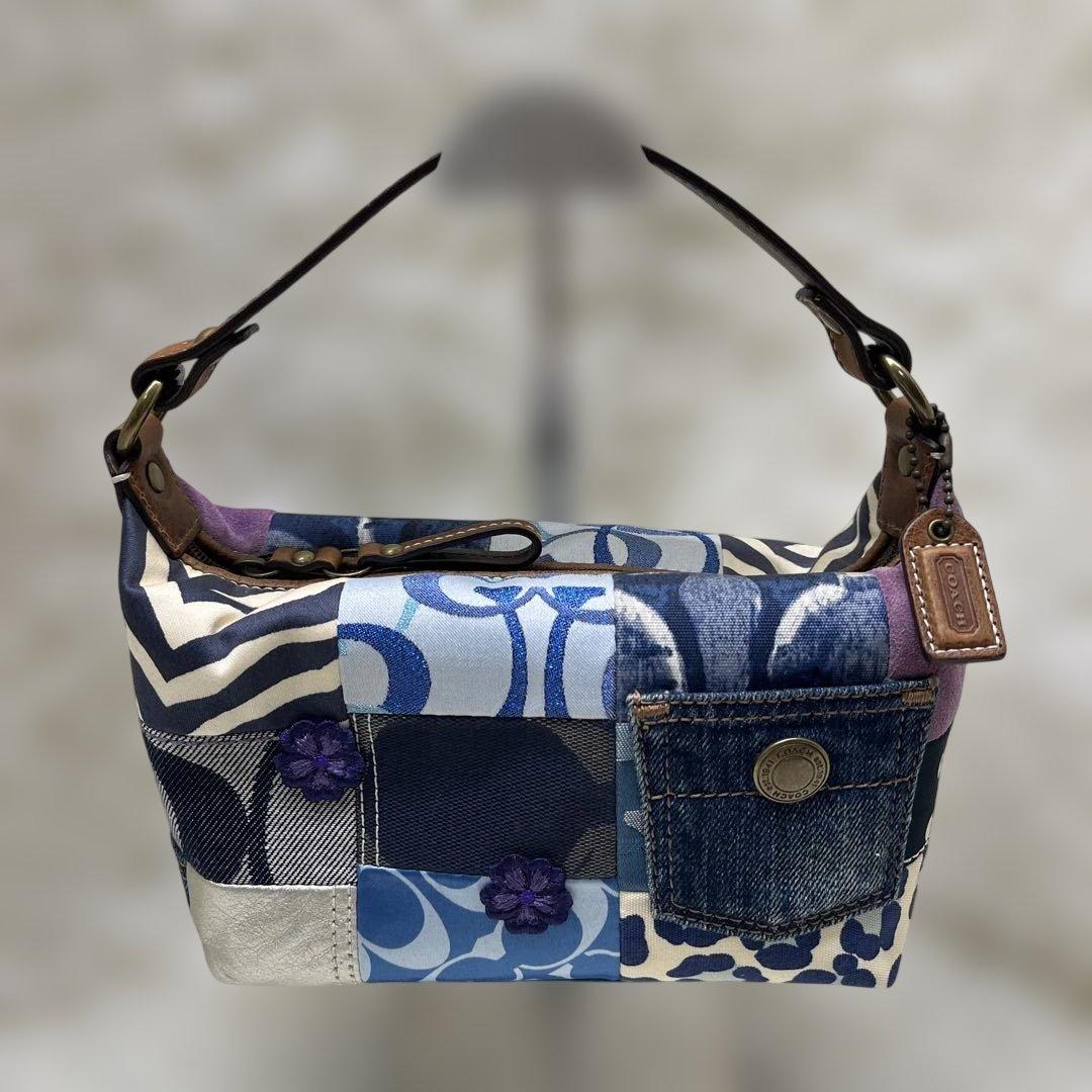 美品 COACHコーチ パッチワークデザイン ポーチ バッグ ブルー系 お花刺繍