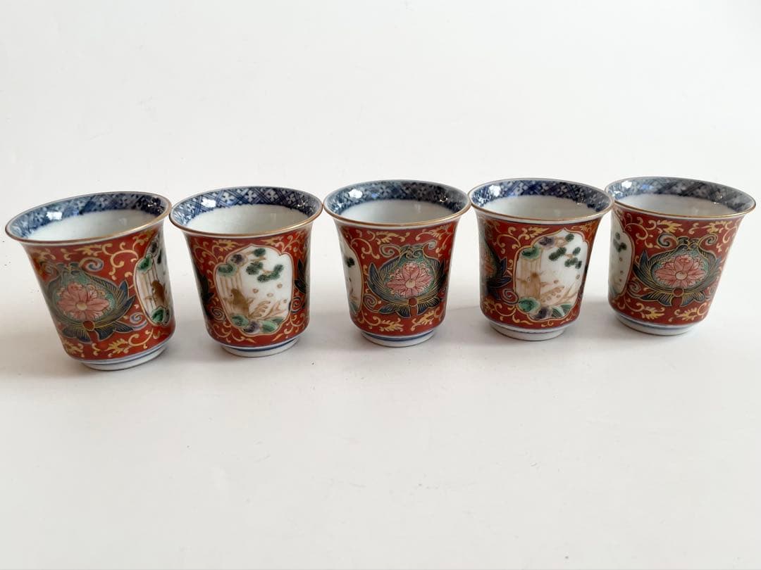 骨董 アンティーク 古伊万里 大聖寺伊万里 色絵 唐草鯉図 筒盃 猪口 五客