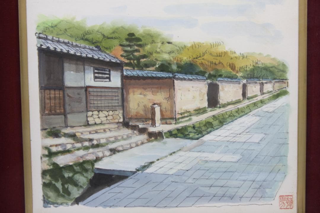 額縁付き日本田舎風景画 水彩画