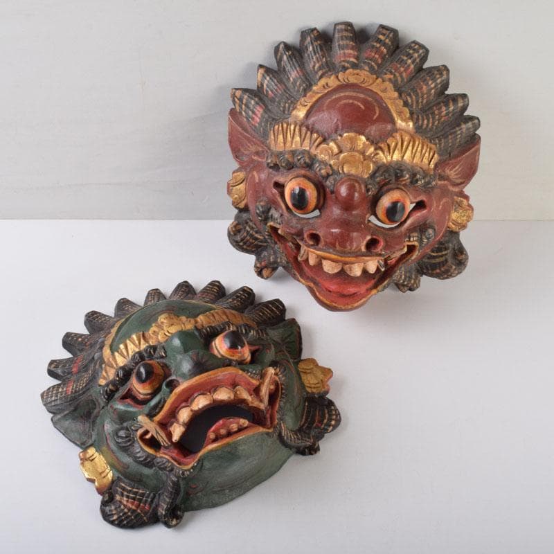 バリ島　インドネシア　木彫彩色　バロン　面　壁飾　一双　V　9089 バリ島 インドネシア 木彫彩色 バロン 面 壁飾 一双 V 9089 美術品