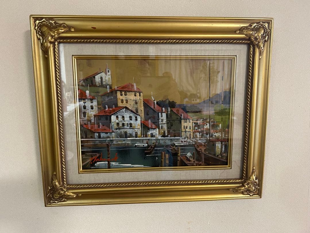 油絵　竹内敏彦　「スペインの港」　F4