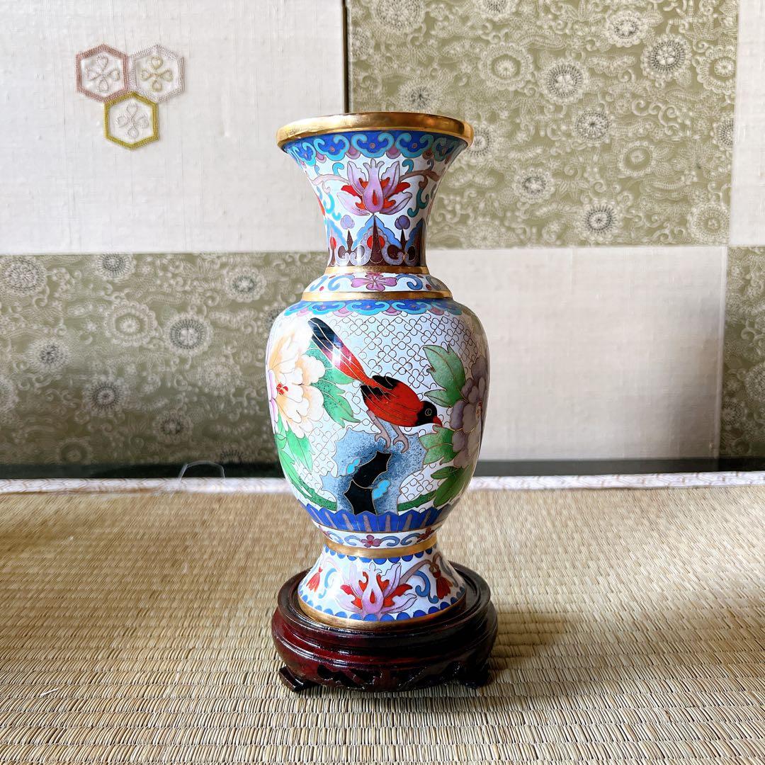 中国古美術 七宝焼 色絵花鳥柄花瓶 花器 フラワ－ベ－ス 台座・箱付き