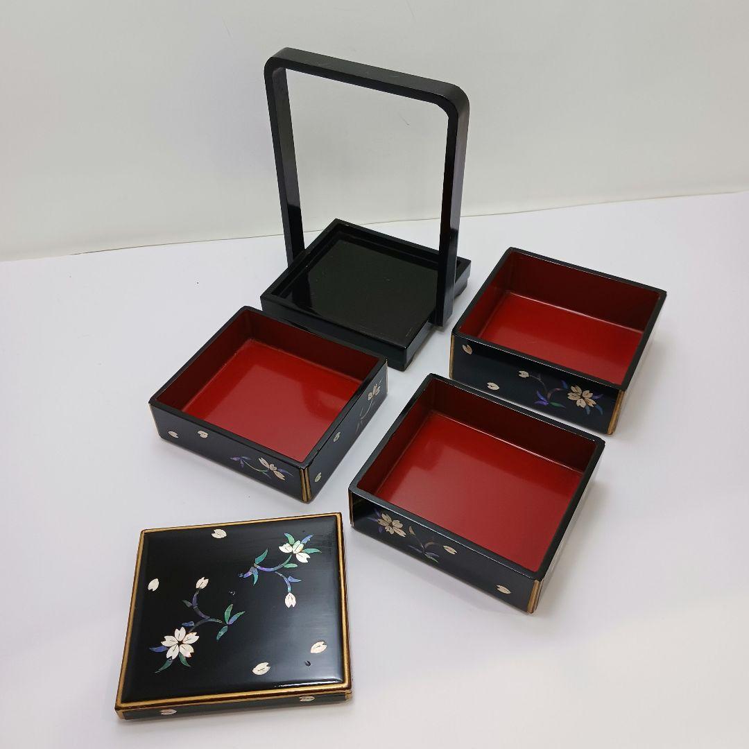 Y2447-6 長崎螺鈿 青貝蒔絵 三段重箱 共箱　う