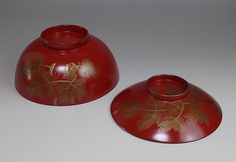 金蒔絵　若松の図　朱塗吸物椀　木製品　５客　A-FFm