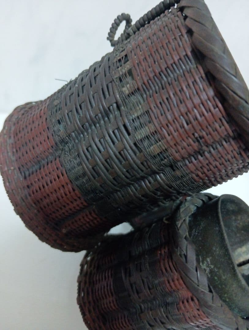 江戸時代武家旧家蔵出古銅製編込み細工茶道具置物アンティーク飾り