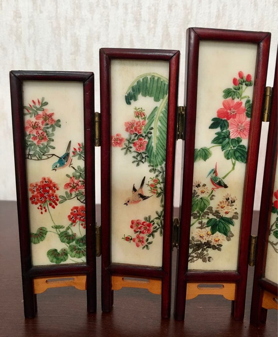 ☆中国美術工芸品 天然石 ミニ屏風 両面飾り 風景画 花画