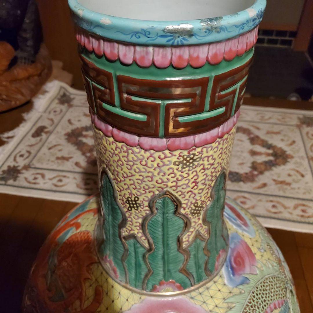 中国古玩 粉彩雲龍紋 大花瓶 天球瓶