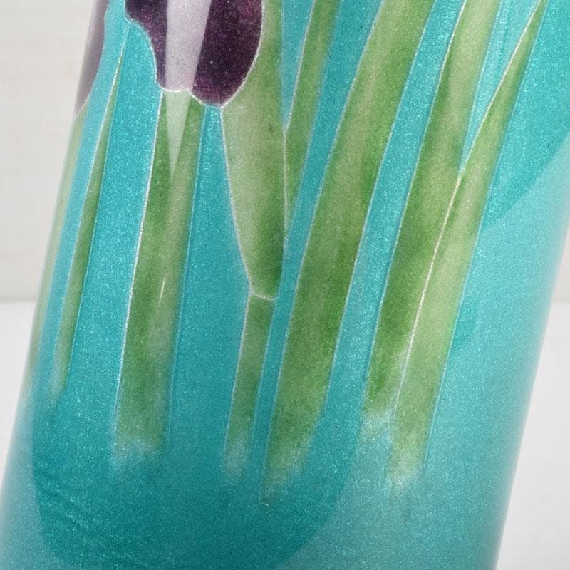 七宝焼 青釉 菖蒲文 筒瓶 花瓶 V 9134 七宝焼 青釉 菖蒲文 筒