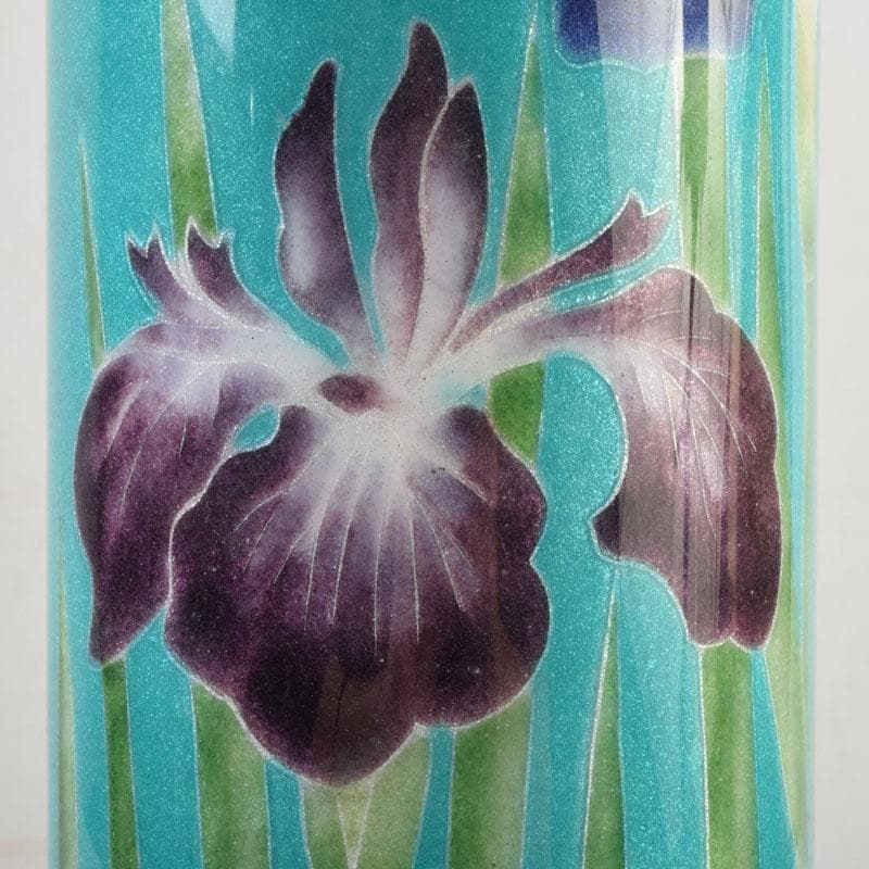 七宝焼 青釉 菖蒲文 筒瓶 花瓶 V 9134 七宝焼 青釉 菖蒲文 筒