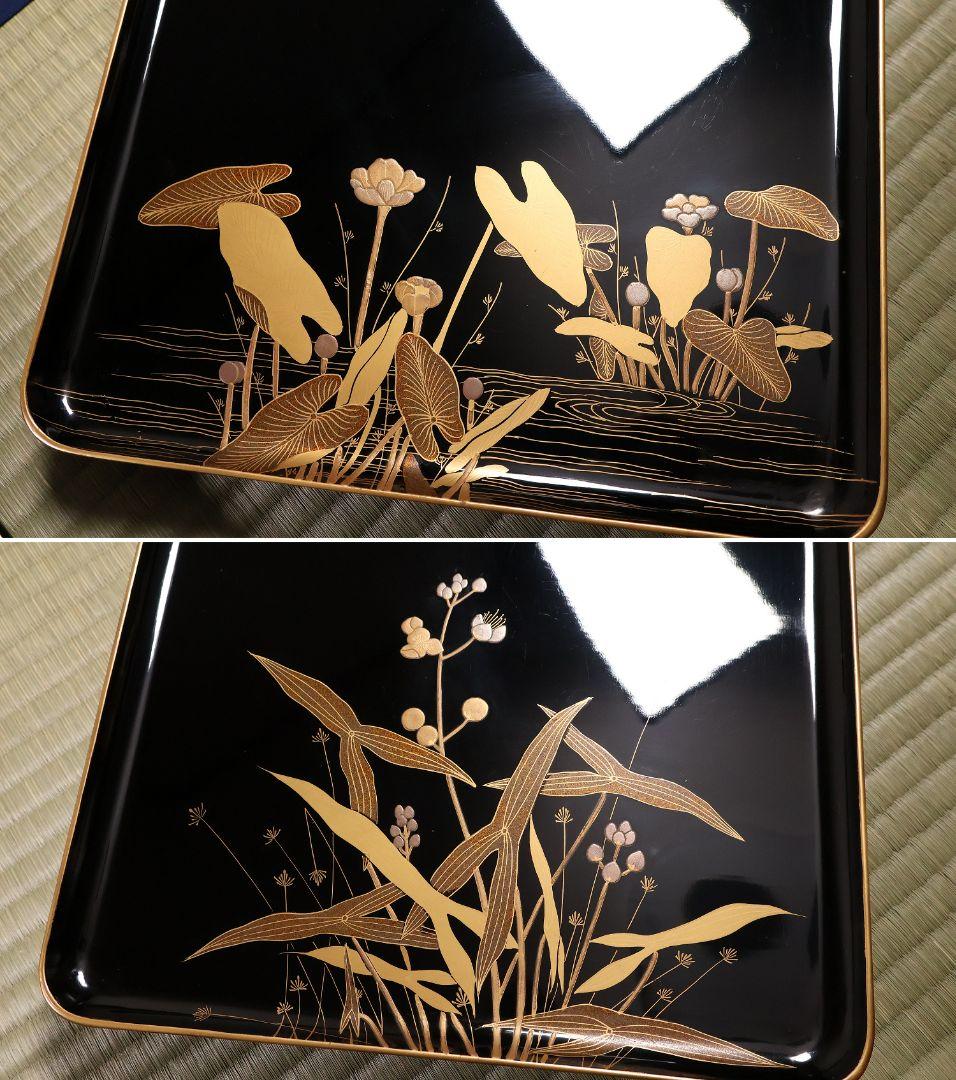 木製漆器 草花 絵変蒔絵 蝋色塗 吸物膳 十客 足付 四方