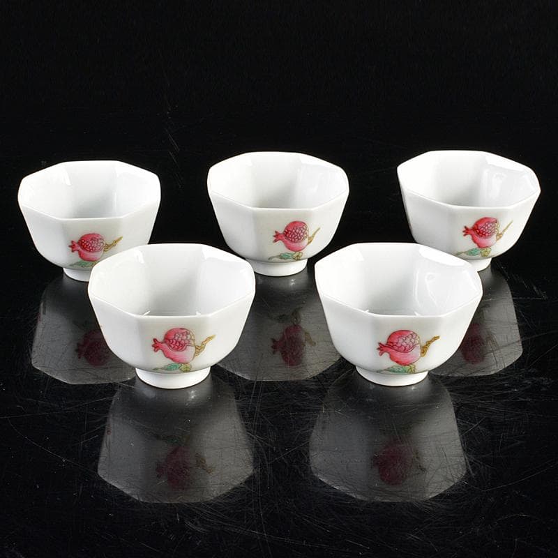 中国 同治年製款 粉彩 螽斯柘榴文 八角煎茶碗 五客 時代箱付 M R6249E