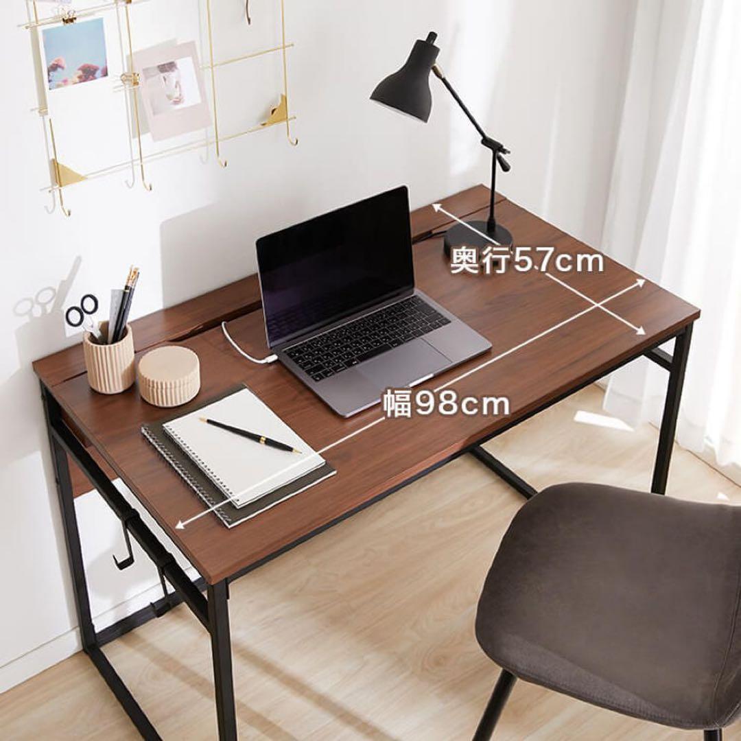 【LOWYA】木目調パソコンデスク 幅98 多目的　タップ収納 スチール