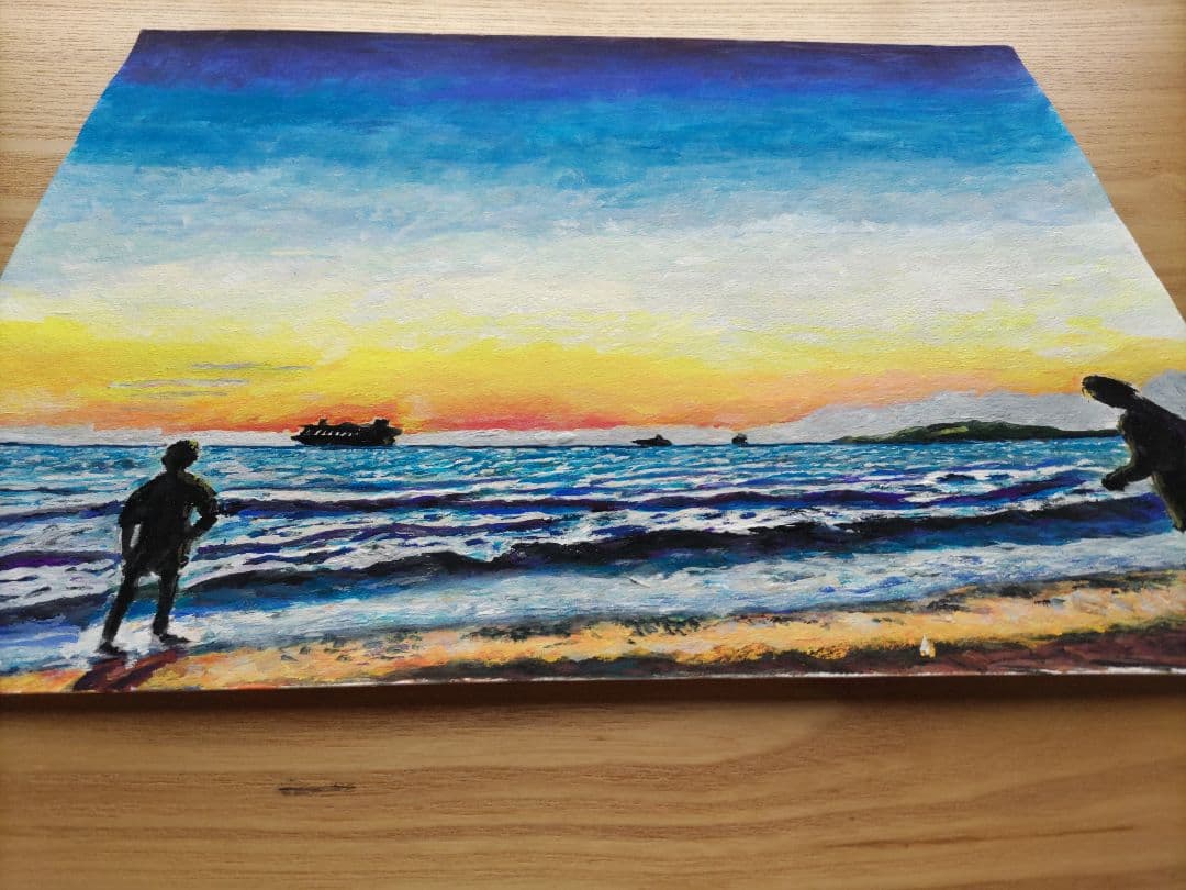 一点物原画】夕暮れの海と船 F6号 アクリル画