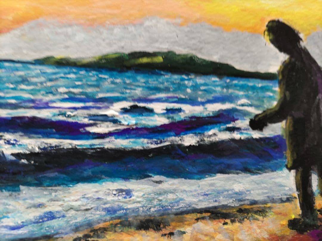 一点物原画】夕暮れの海と船 F6号 アクリル画