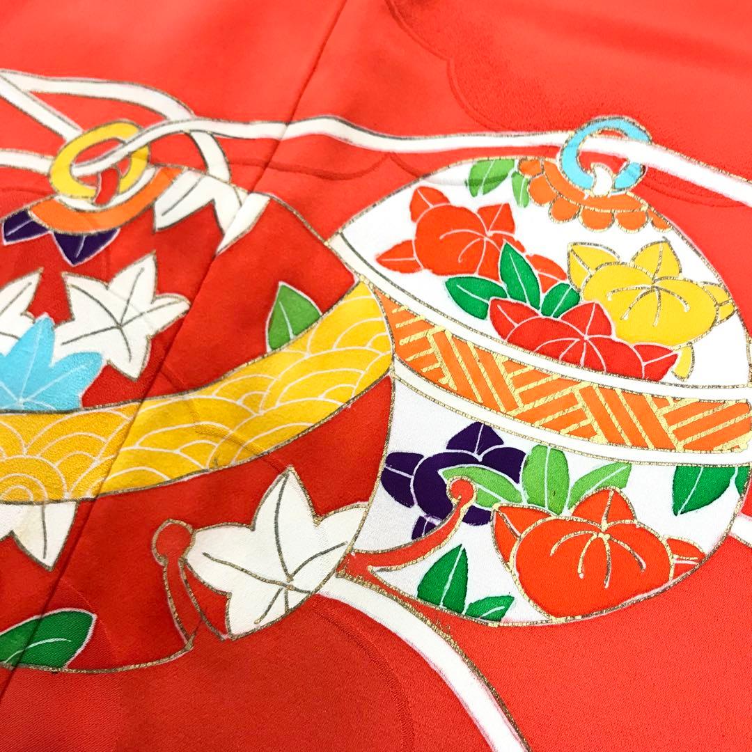 梅乃【082】正絹　7歳　四つ身　着物　朱色　鈴　手描き友禅　本加工　上質