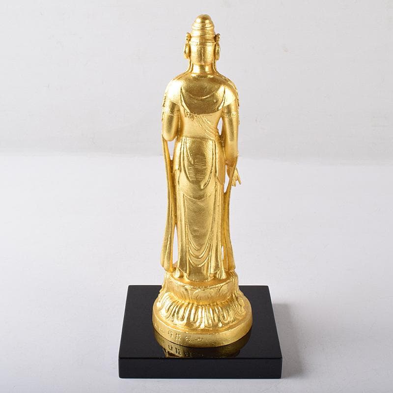 彫刻家　北村西望作　銅塗金　聖観音菩薩像　台付　北村治禧識箱　D　R8174