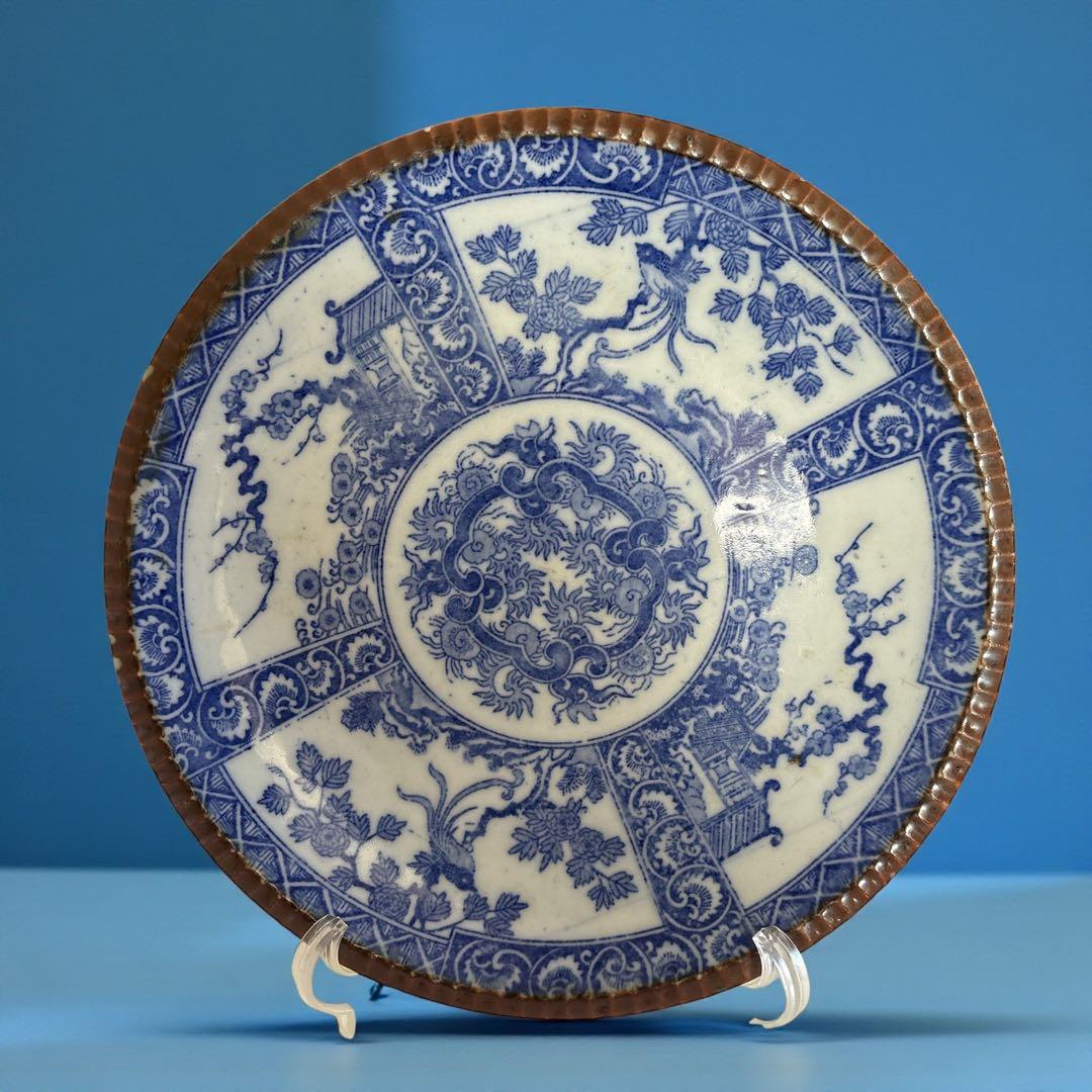 伊万里 有田 染付 印判手 中皿 割付文 楼閣山水 花枝 花唐草 見込唐草丸 伊万里 有田 染付 印判手 中皿 割付文 楼閣山水 花枝 花唐草 見込