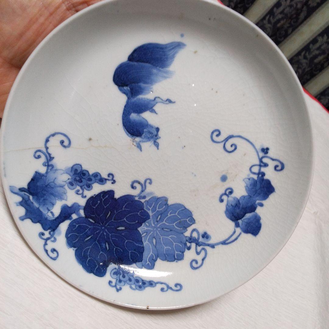 骨董 アンティーク 古伊万里 藍九谷 変形皿 染付 印刻 波に亀 向付