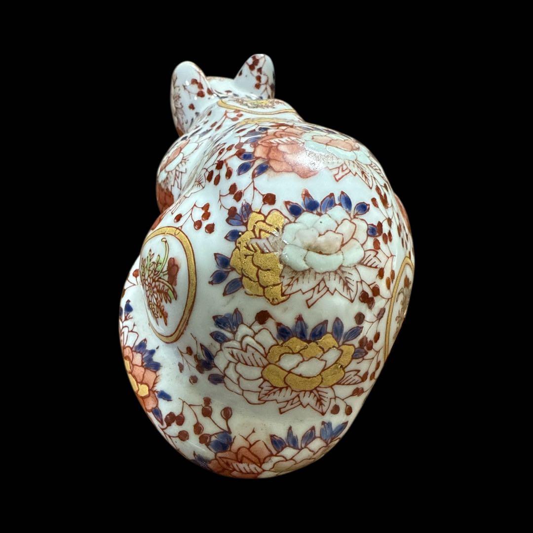 猫陶器色絵花文古玩 骨董置物 インテリア 陶器製 猫の置物 花模様