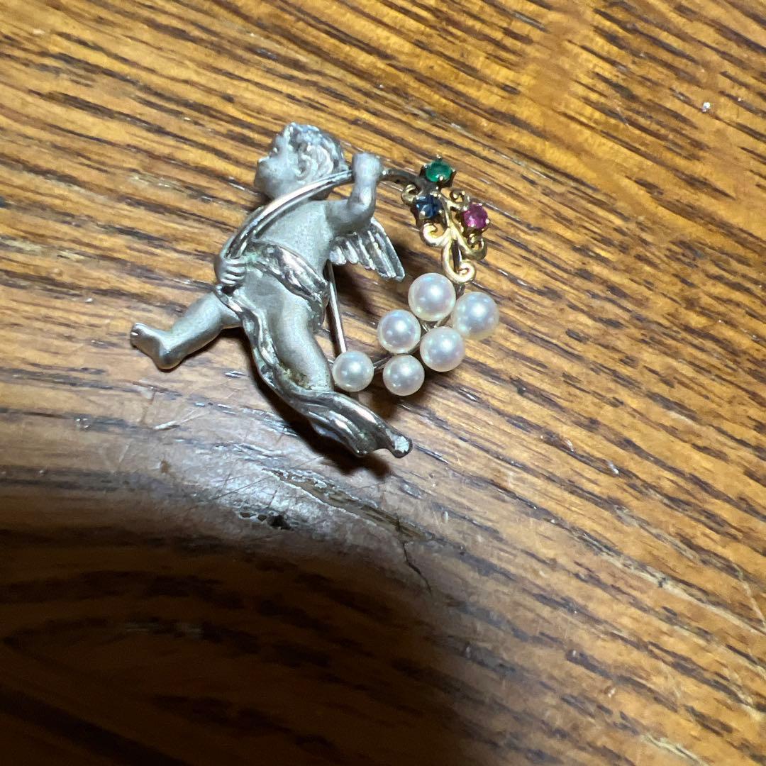 K18 シルバー 18金 コンビ アコヤパール 真珠 天使 ペンダント ブローチ