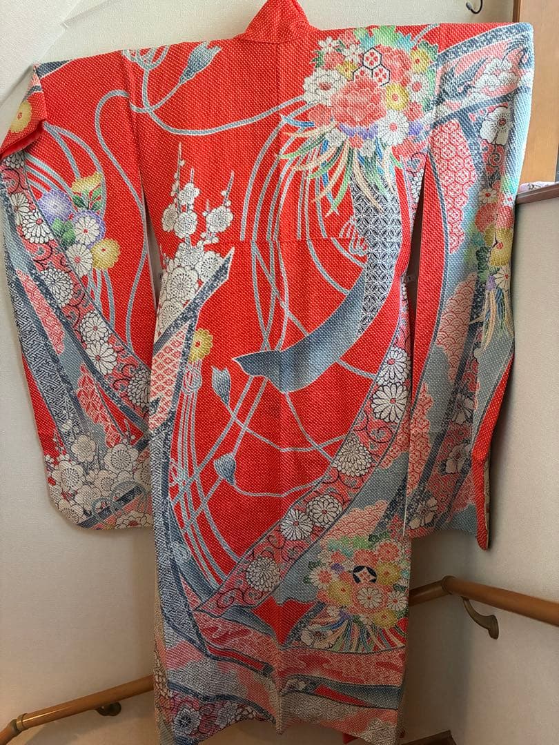 逸品】藤娘きぬたや 総絞り 振袖 橙色 裄64 長襦袢 刺繍半襟(さんび