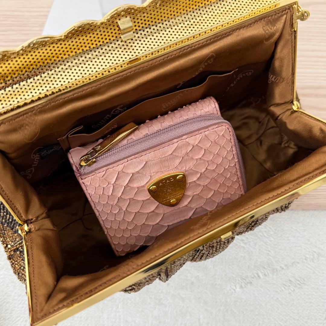 【激レア✨️】ルミーはしもと 花柄 ビーズバッグ チェーンクラスプバッグ ブロンズ