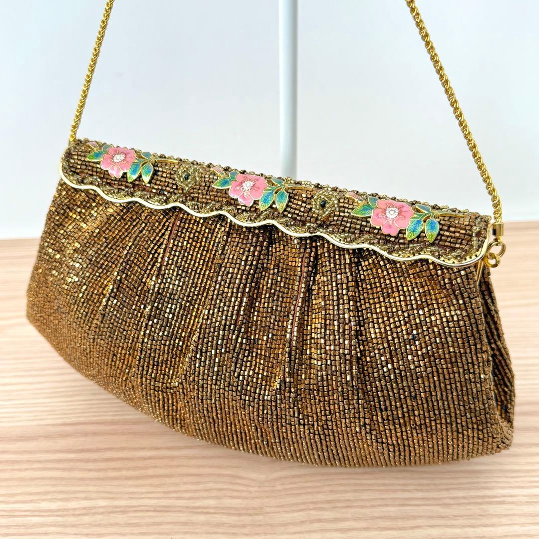 【激レア✨️】ルミーはしもと 花柄 ビーズバッグ チェーンクラスプバッグ ブロンズ