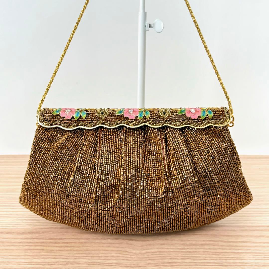 【激レア✨️】ルミーはしもと 花柄 ビーズバッグ チェーンクラスプバッグ ブロンズ