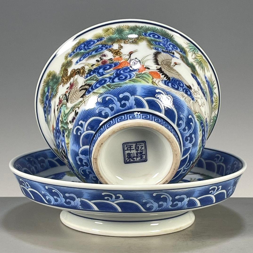 中国茶器 景德鎮 五色松鶴献寿図三才蓋碗 茶碗 新品未使用