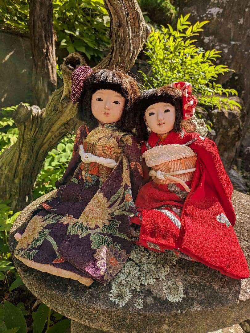 2*r様 昭和初期 正絹縮緬 市松人形 2体 伝統工芸品 紫 赤 ビスク