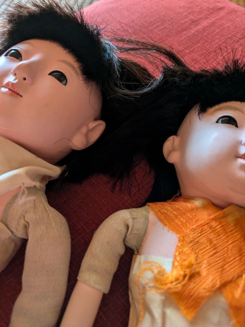 2*r様 昭和初期 正絹縮緬 市松人形 2体 伝統工芸品 紫 赤 ビスク