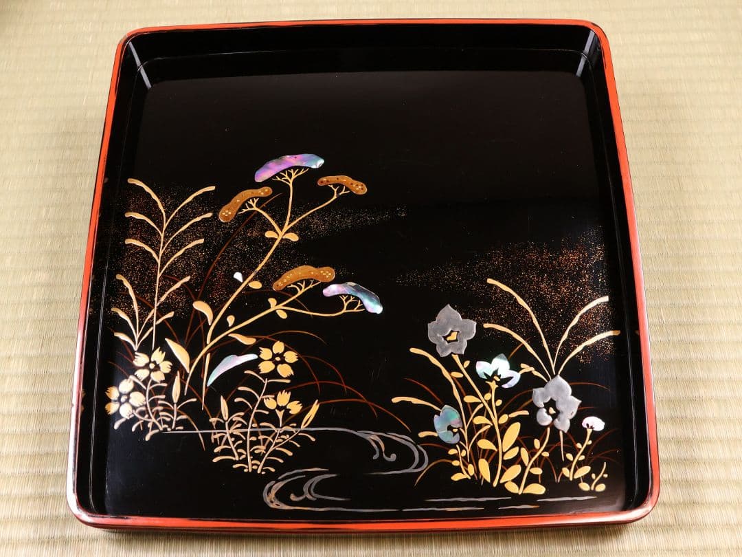 古い膳 螺鈿 流水草花 金銀蒔絵 四方膳 卓上 五客 根来 黒 木製 CM388