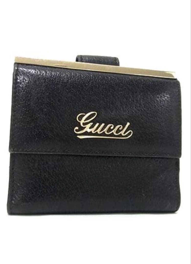 GUCCI レザー 折り財布 筆記体 ロゴ 型押し 黒