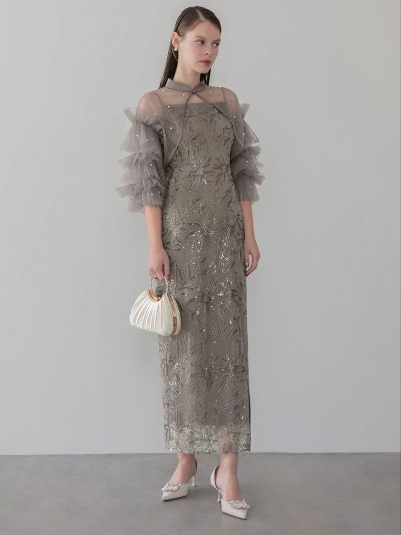 パールフリルチュールボレロレイヤードIラインワンピースドレス結婚式パーティー