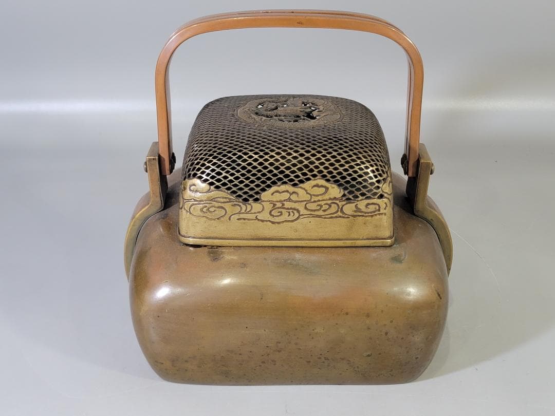 古銅 龍透かし火屋 手炙 香炉 時代物 DT624