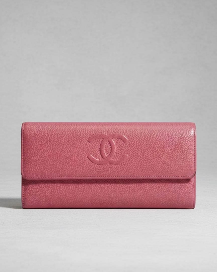 CHANEL 長財布 二つ折り ピンク キャビアスキン ココマーク